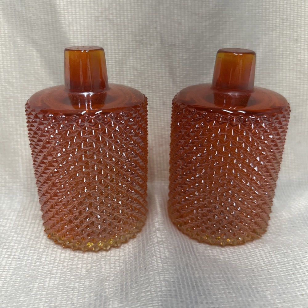 2 Vtg Faroy Orange Amberina Diamond Point Votive Peg Candle Holders 1970s